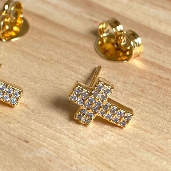 Gold Filled CZ Tiny Cross Studs - Picture 2 of 7